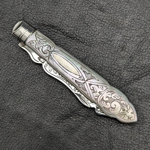 1910 British Antique White Pearl Shell Handle Pure Silver Engraving Blade Folding Pen Knife